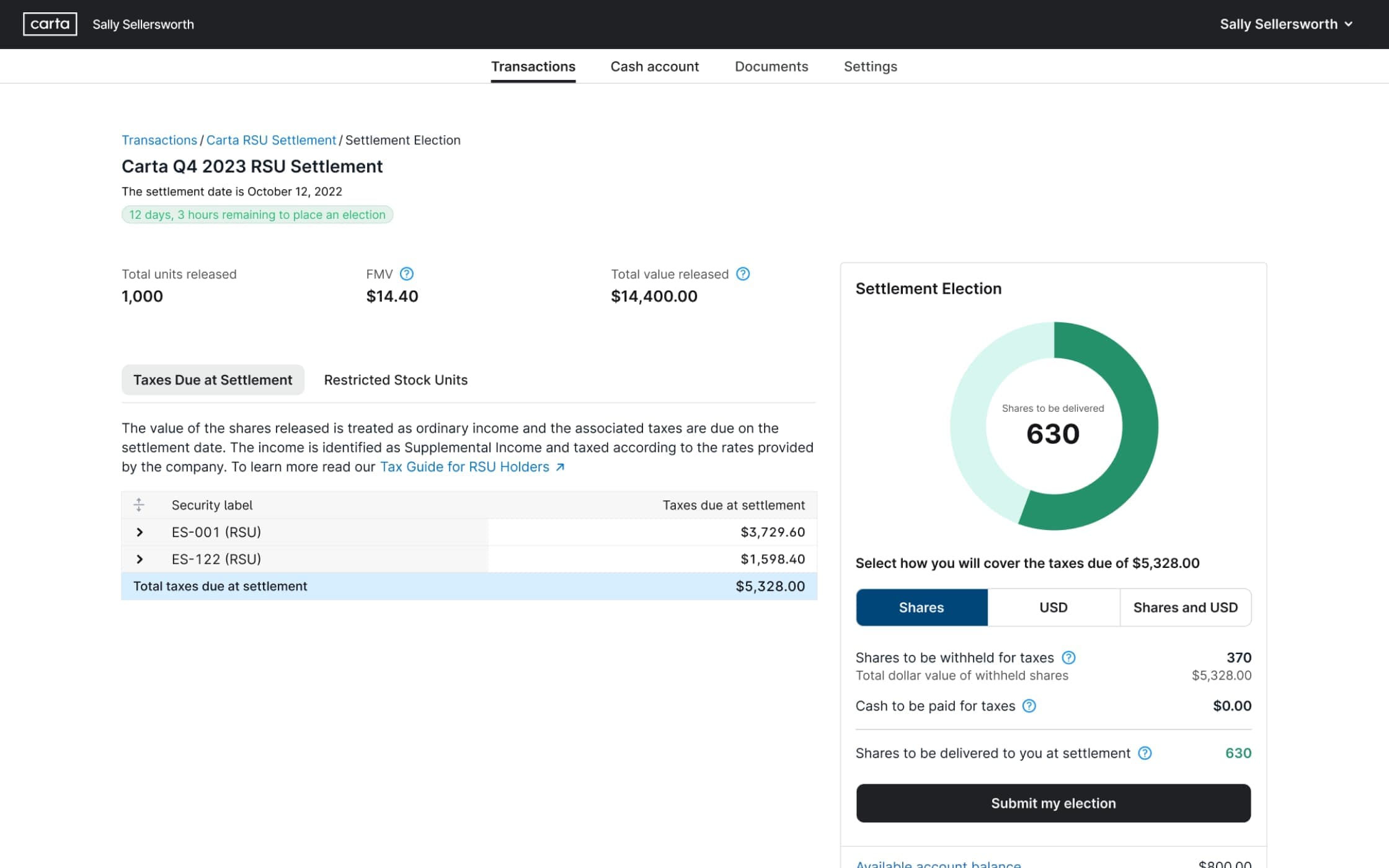 RSU settlement and tax withholding interface