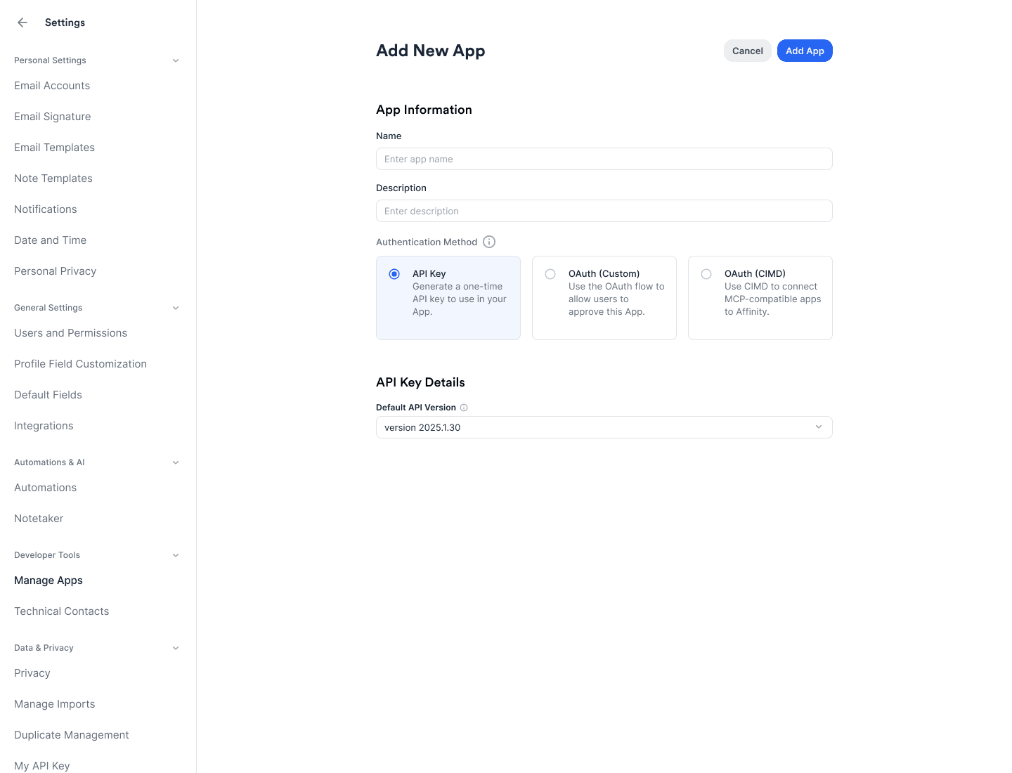 Create App flow with API Key selected